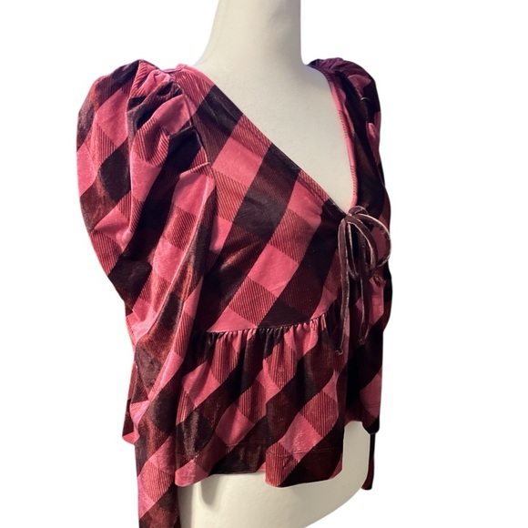 Maeve Pink and Brown Velvet Plaid Ruffled Tie Front Babydoll Blouse L - Picture 6 of 6